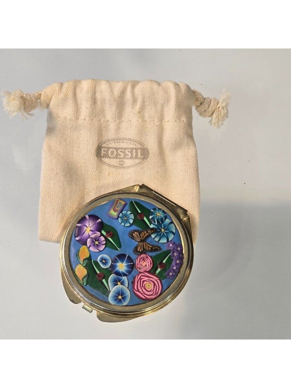 Fossil Floral Double Mirror Compact With Dust Pouch